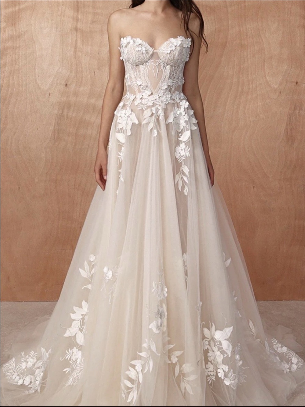 Strapless Floral Appliqué Tulle Wedding Gown in Ivory